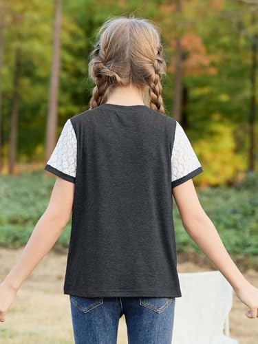 Image of GORLYA Girls Lace Sheer Sleeve Contrast T-Shirt Short Sleeve V Neck Casual Modest Tee Tops for 6-16Y