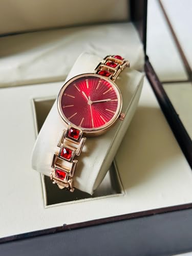 Image of AMERICANVIBER Red Diamond-Studded Women's Analog Watch with Adjustable Strap, Stylish Round Dial Wrist Watch for Girls & Ladies, Suitable for Casual, Office, and Formal Use