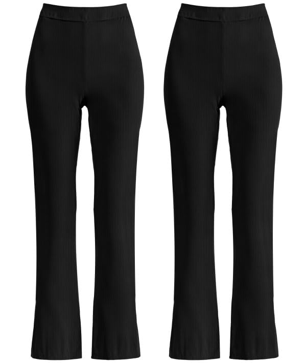 L S UPack of 2 Girls Pull Up School Trousers Elasticated Waist Bootleg Stretchy Comfortable Ribbed Trousers