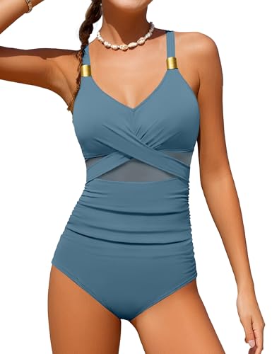 Image of Girls Swimsuit Criss Cross One Piece Swimsuits Wrap Tie Back Sheer Mesh Bathing Suit with Gold Metal Swimwear 9-16Y
