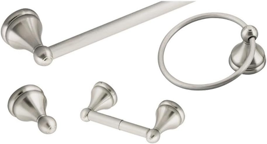 Bowery Hill 4-Piece Metal Bathroom Hardware Kit, Satin Nickel Finish, Includes Towel Ring, Robe Hook, Towel Bar, Toilet Paper Holder, Concealed Screws, EZ Anchor Mounts, Durable Bathroom Accessory Set
