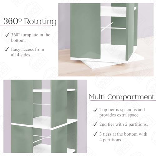 Image of ABOUT SPACE Rotating Book Shelf for Home Library - 5 Tier 360 Book Rack | Semi UV Gloss Laminate DIY Engineered Wood Book Stand with Partition & Bottom Turnplate (Green &White L 38 x B 38 x H 150 cm)