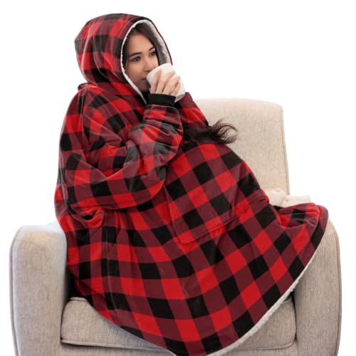 THE COMFY Original | Sherpa Lined Microfiber Fleece Wearable Blanket Oversized Design with Hood and Pocket From Shark Tank for Women & Men Warm and Cozy Gifts
