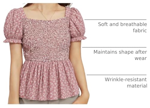 Image of Seechoslo 2025 Tween Girls' Cute Short Sleeve Square Neck Smocked Elastic Short Sleeve Woven Shirt Top