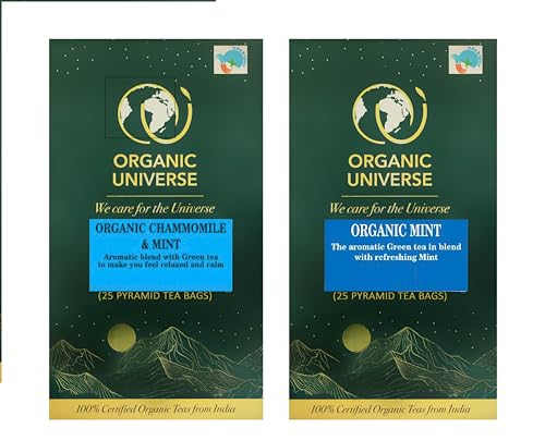 Image of Organic Universe Chamomile Mint & Mint Tea Combo Whole Leaf Tea | 20 Pyramid Tea Bags in Each | Aromatic Flavours | 100% Organic Ingredients, Pack of 2