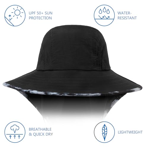 Image of BASSDASH UPF 50+ Unisex Water Resistant Wide Brim Sun Hat with Large Neck Flap Ponytail Fishing Hat for Men Women