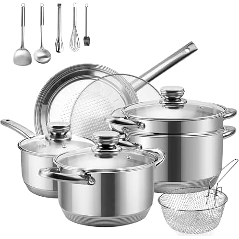 Wodillo 15-Piece Cookware Set,Stainless Steel Pots and Pans Set, Nonstick Frying Pans, Sauce pan, Food Streamer & Soup Pots with Multi-Ply Designed Bottom, Induction Compatible Cover
