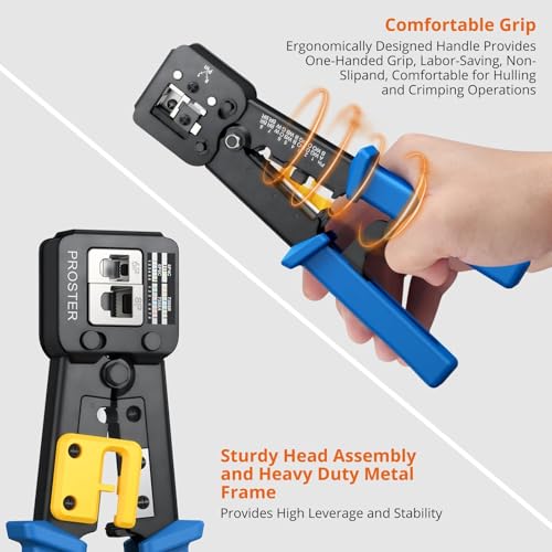 Proster RJ45 Crimp Tool Kit - RJ45 Pass Through Crimp Tool voor CAT5 CAT5e CAT6 Netwerk Kabel met Netwerk Kabel Tester & 50 Stks Vergulde CAT6 Connectoren & Covers & 5 Reserve Blades & Stripper - Afbeelding 6