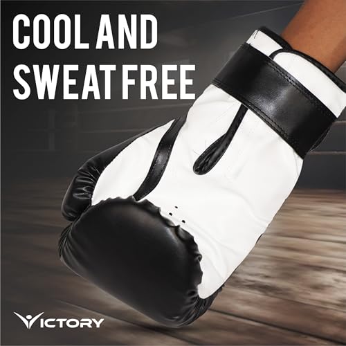 Image of VICTORY Boxing Gloves for Men & Women with Moulded Foam Padding Gloves for Boxing, Training, Kickboxing, Muay Thai, MMA, Durable Pu Material Punching Gloves (Black /White, 10-12 Oz)
