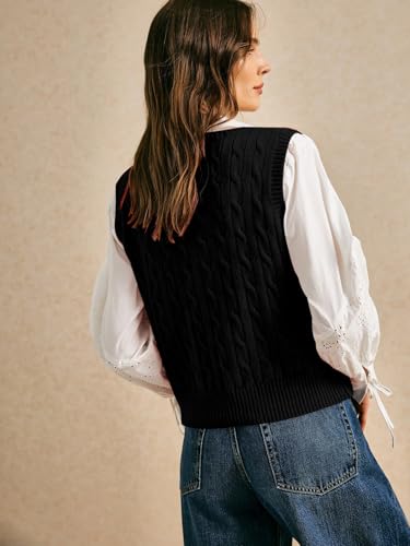 Image of BEAUDRM Women's Embroidery Cable Knit Sweater Vest V Neck Knitted Casual Sleeveless Sweater Pullover Top