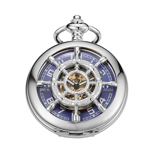 Image of Men's Mechanical Pocket Watch Black Rudder Pattern Double Open Hollow Roman Numerals Pocket Watch