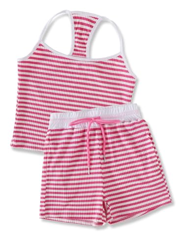 Image of Size 7-14Y Girls Clothes 2 Piece Outfits Striped Tank Top Drawstring Shorts Teen Girls Summer Clothing Sets