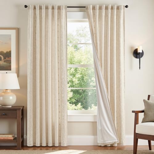 Image of jinchan Beige Floral Linen Curtains for Living Room 84 inch Back Tab 2 Panels