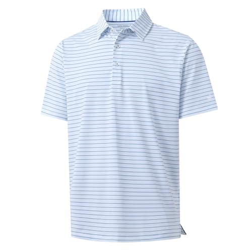 Rouen Mens Polo Shirts Short Sleeve Dry Fit Performance Moisture Wicking Causal Striped Polo Collared Golf Shirts for Men