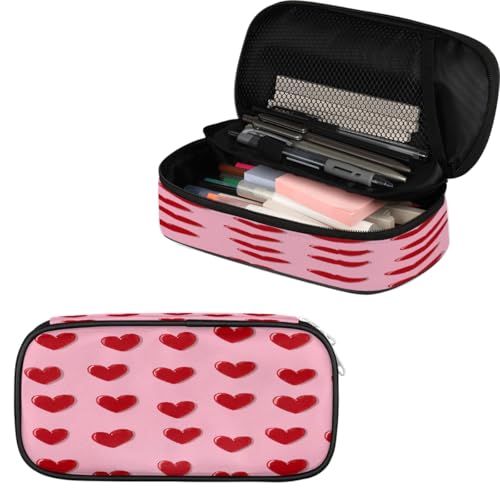 VQUVQV Large Capacity Pencil Case, Red Hearts Desk Stationery Organizer Pencil Bag Portable Pen Pouch for School Office College Supplies