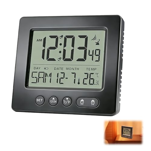 Digitaler Funk Wecker, Funkwecker mit 2 Weckzeiten Thermometer Funkuhr 5-Minuten Snooze Wochentag Datumsanzeige Weckwiederholung Einstellbare...