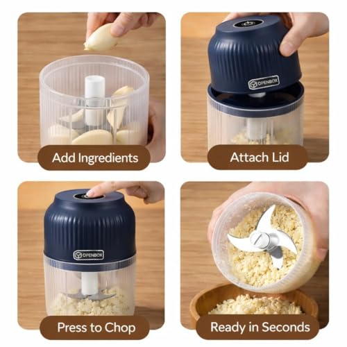 Image of OPENBOX Mini Electric Chopper & USB-C Portable Blender - 350 ml Food Processor, Egg Beater & Coffee /Protein Mixer - Whisk Froth Milk Puree Blend Fruits & Veggies - Rechargeable Kitchen Gadget (Blue)