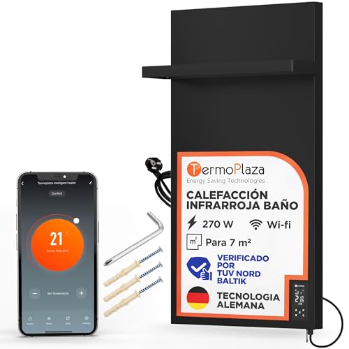 Termoplaza Toallero Eléctrico WiFi Baño Infrarrojo 270 Vatios hasta 7m2 - Radiador Eléctrico Bajo Consumo - Infrarrojo Calefacción - Radiador Toallero Negro - Calefactor Bajo Consumo