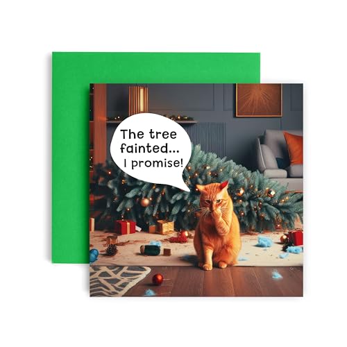 Huxters Tarjetas de Navidad para mujeres y hombres – Wasn't Me Cat Verus Tree Tarjeta de Navidad feliz para él y su familia Navidad vacaciones – Tarjeta de día festivo para papá, mamá, hermano,
