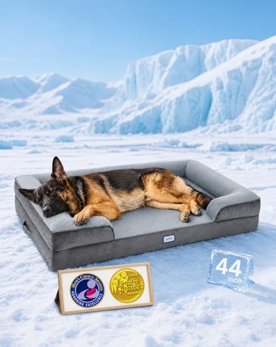 OhGeni Orthopedic Cooling Dog Bed Couch Cooling Big Pet Sofa for Extra Large Sized Pets with Memory Foam Machine-Washable Waterproof Removable Cover Soft Comfortable Fabric 44-inch (Cool Gray)