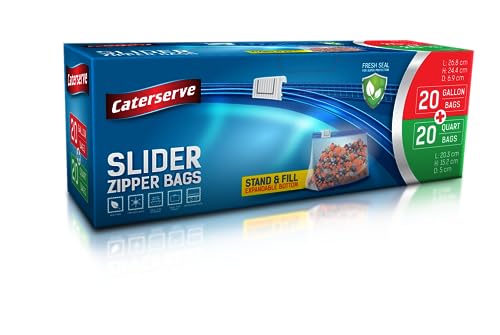 Caterserve Slider Zipper Bags – Non-BPA Resealable Food Bags – Stand and Fill Expandable Bottom – Freezer and Microwave Safe – Ideal for Leftovers, Fruit, Veggies (20 Quart 20 Gallon)