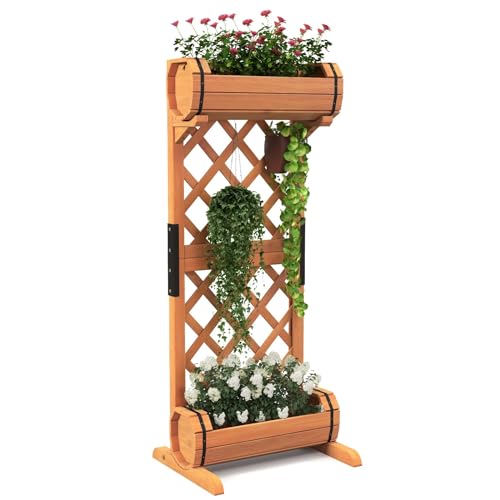 RELAX4LIFE Blumenkasten mit Rankgitter, 2 Stufiger Pflanzkasten mit Spalier, Rankkasten Holz, 2 Etagen Blumenkübel & Gartenspalier, für Kletterpflanzen Blumen Gemüse, 45,5x36x113cm