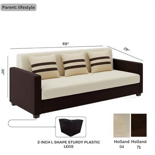 Image of FURNY Lifestylio 3 Seater Fabric Sofa Set (Cream-Dark Brown) Premium Velvet Finish | Ideal for Living Rooms, Offices