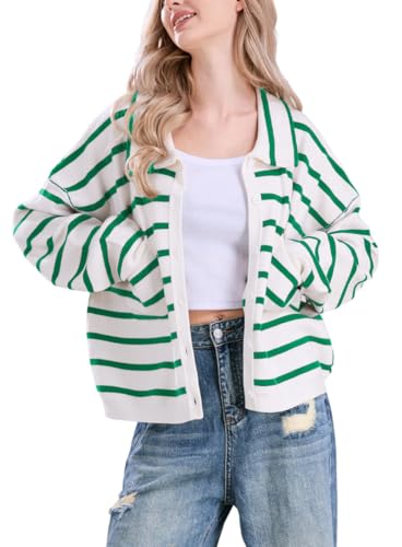Image of chouyatou Women's Button Down Striped Cardigan Sweater Polo Collar Open Front Knit Jacket 2024 Fall Outfits