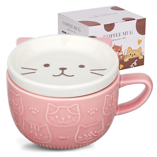 JNSMFC Cute Ceramic Cat CoffeeMug with Lid Kawaii Coffee or Tea Cup Funny Novelty Cat BreakfastMug 300ML (Pink)