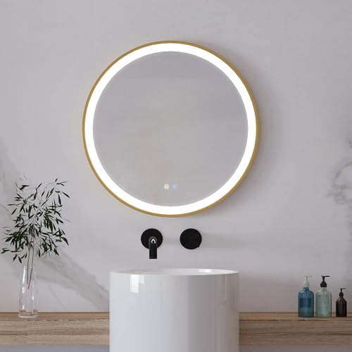 DELUXE LIVING 24 inch Round LED Bathroom Mirror with Anti-Fog, Stepless Dimmable Bathroom Mirror with Lights, Lighted Bathroom Vanity Mirror for Wall, Shatter-Proof, Memory Function, Touch Control
