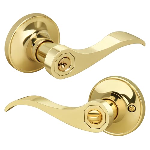 Gaurqiah Wave Style Entry Door Handle with Keys, Keyed Door Lever with Lock for Front/Entrance in Polished Brass Finish, Reversible Door Lever for Left/Right Doors