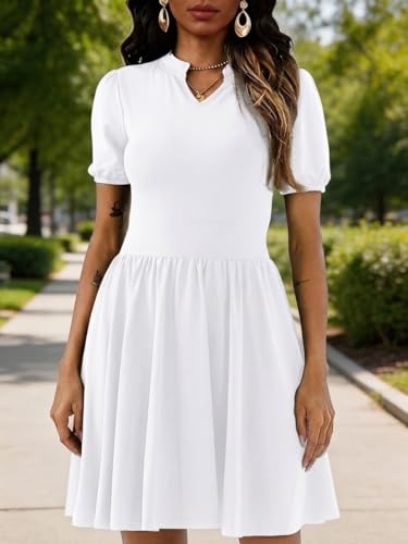 Image of Women's V Neck Summer Dress Puff Short Sleeve Flowy Stretchy Flowy Comfort Fit for Daily Wear Work Midi Casual Dresses