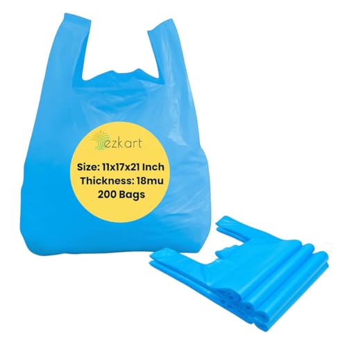 ezkart Pack of 200 - Large Blue Plastic Carrier Bags with Handles 11 x 17 x 21 inch 18mu Heavy Duty for Multi-Purpose Uses (Blue-200pk 11x17x21 Inch-18mu)