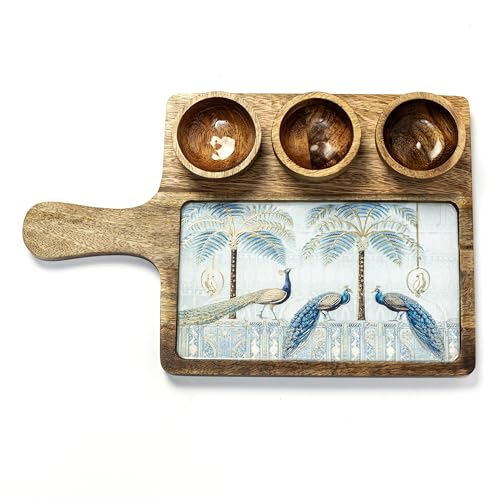 Image of Handcrafted Mango Wood Serving Platter with 3 Dip Bowls | Traditional Print | Waterproof, Heat-Resistant, Food-Safe Lacquer Finish | 15.5 x 10 Inch | Made in India (MgPlwith3Bowl-BlueGoldPeacock)
