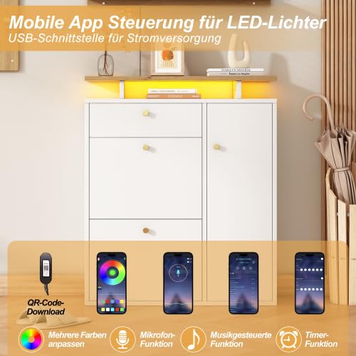 Set di 3 appendiabiti, con illuminazione a LED, specchi, cappelli e scarpiera, con 4 ganci, naturale/bianco, 105 x 25 x 151,5 cm, per corridoio, ingresso