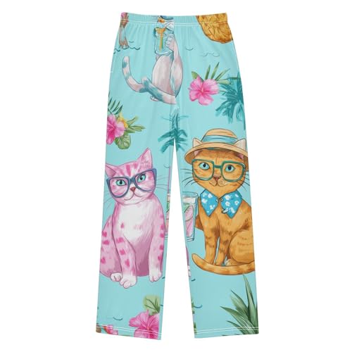 Tropical Cat Flowers Boys Long Pants Soft Trousers Elastic Waist Kids Lounge Bottoms with Pockets S-XL - Main Image