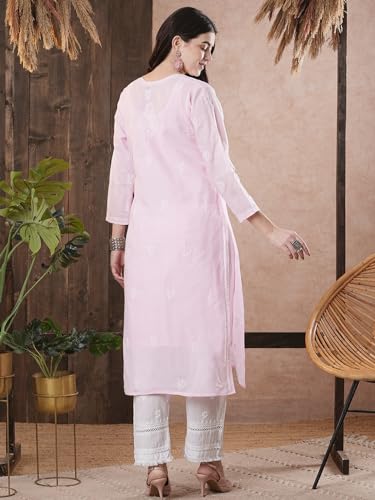 Image of Ada Hand Embroidered Lucknowi Chikankari Cotton Kurta for Women A133488 | Handcrafted lucknow chikan embroidery latest womens ethnic wear kurti tunic for office work wear