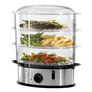 Daewoo 3 Tier Food Steamer – 1200W Electric Steamer with Timer, Rice Bowl & 3 Stackable Baskets – Easy Clean, Ideal for Meat, Fish, Vegetables, and Rice – 60-Min Run Time