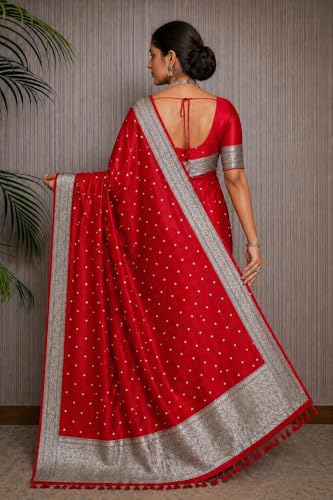 Image of Women's Glory Kanjivaram Banarasi Silk Saree with Polka Dot Embroidery Blend Woven Zari with Jacquard Woven Unstitched Blouse Piece.
