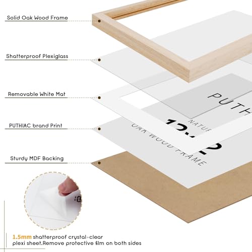 puthiac 12x12 Solid Oak Wood Picture Frame, Fits 8x8 with Mat or 12x12 Without Mat, Wall Display Only, Plexi Front, 3 Pack, Natural Oak — view 2