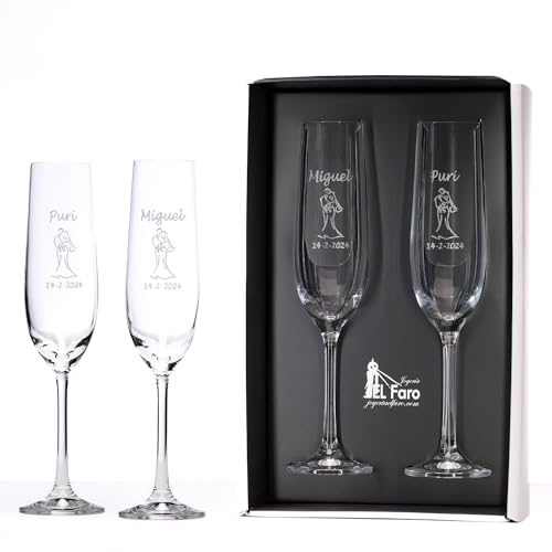 JOYERIA EL FARO | Copas grabadas para novios | Copas personalizadas para bodas | Cristal de Bohemia de alta resistencia | Estuche premium incluido | Brinda y celebra el amor