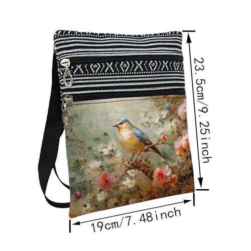 Oil Painting Floral Bird Messenger Bag Small Ethnic Pattern Printed Adjustable Strap Crossbody Zipper Bag Oil Painting Floral Bird Phone Bag Wallet Cute Shoulder Handbag for Women Friends -42