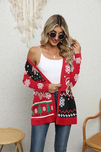 Yommay Strickjacke für Damen Elegante locker lässig leichtes Frauen Herbst Langarm Pullover mit Taschen,Weihnachtsschnee,XXL