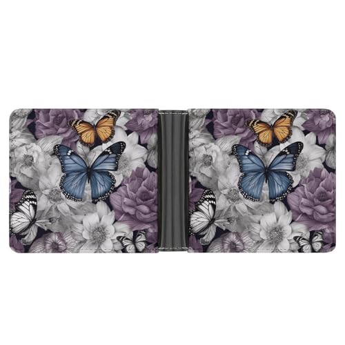 Men's Leather Wallet Bifold Wallet for Men Purple Butterflies Floral Slim Wallet with Multiple Card Classic Passcase Mens Card Holder