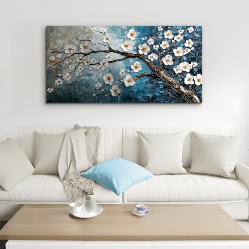 crmotu Large Wall Art for Living Room, Plum Blossom Tree Canvas Prints Paintings, Flowers Branch Room Decorations Artwork, Teal Blue Aesthetic Pictures Wall Decor for Bedroom Bathroom Office 24"X48"