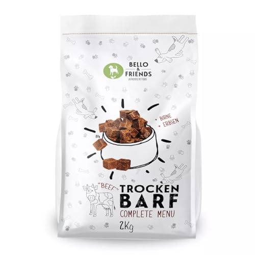 Bello & Friends Trockenbarf Complete Rind, Hundefutter luftgetrocknet ohne Zusätze, Trockenfutter mit Obst und Gemüse, 2 kg