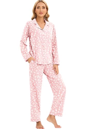Image of LUBOT 100% Cotton Pajamas for Women Pajama Set 2 Piece PJ Sleepwear Set Soft Ladies Button Knit Long Sleeve Loungewear XS-XXL