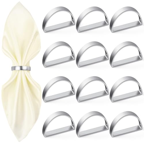 Image of APTWOW Silver Napkin Rings Set of 12, Semicircle Metal Silver Napkin Holder Buckles, Fall Thanksgiving Christmas Napkin Rings for Dinner Table Decor, Wedding, Banquet, Party