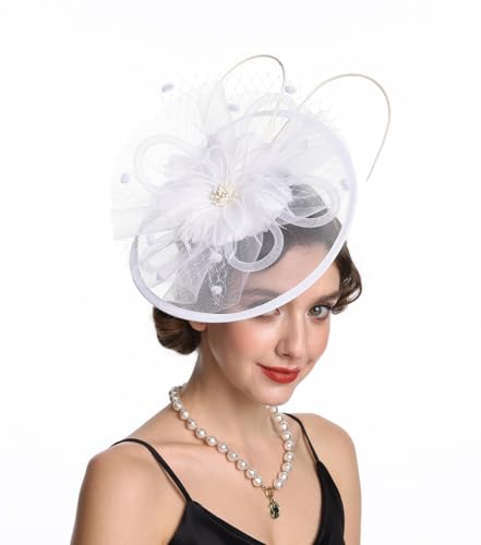 Sinamay - Toucado de flores e penas, capacete de casamento, para mulher, corrida, Royal Ascot, pasteleiro, casamento, coquetel, festa de chá, chapéu Derby para mulher, SG-Branco, M