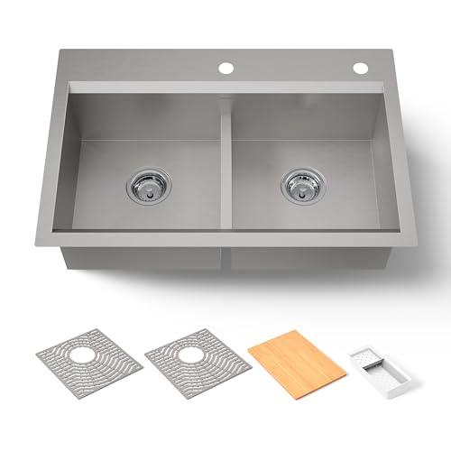 KOHLER Task™ 33" Smart Divide Top-/Undermount Double-Bowl Workstation Kitchen Sink, Includes Workstation Sink Accessories, Stainless Steel, 2 Faucet Holes, K-80085-2PC-NA